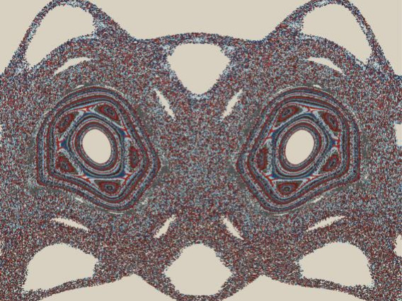 A mask-like pattern of blue, red, and gray dots on a tan background representing the evolution of orbits	