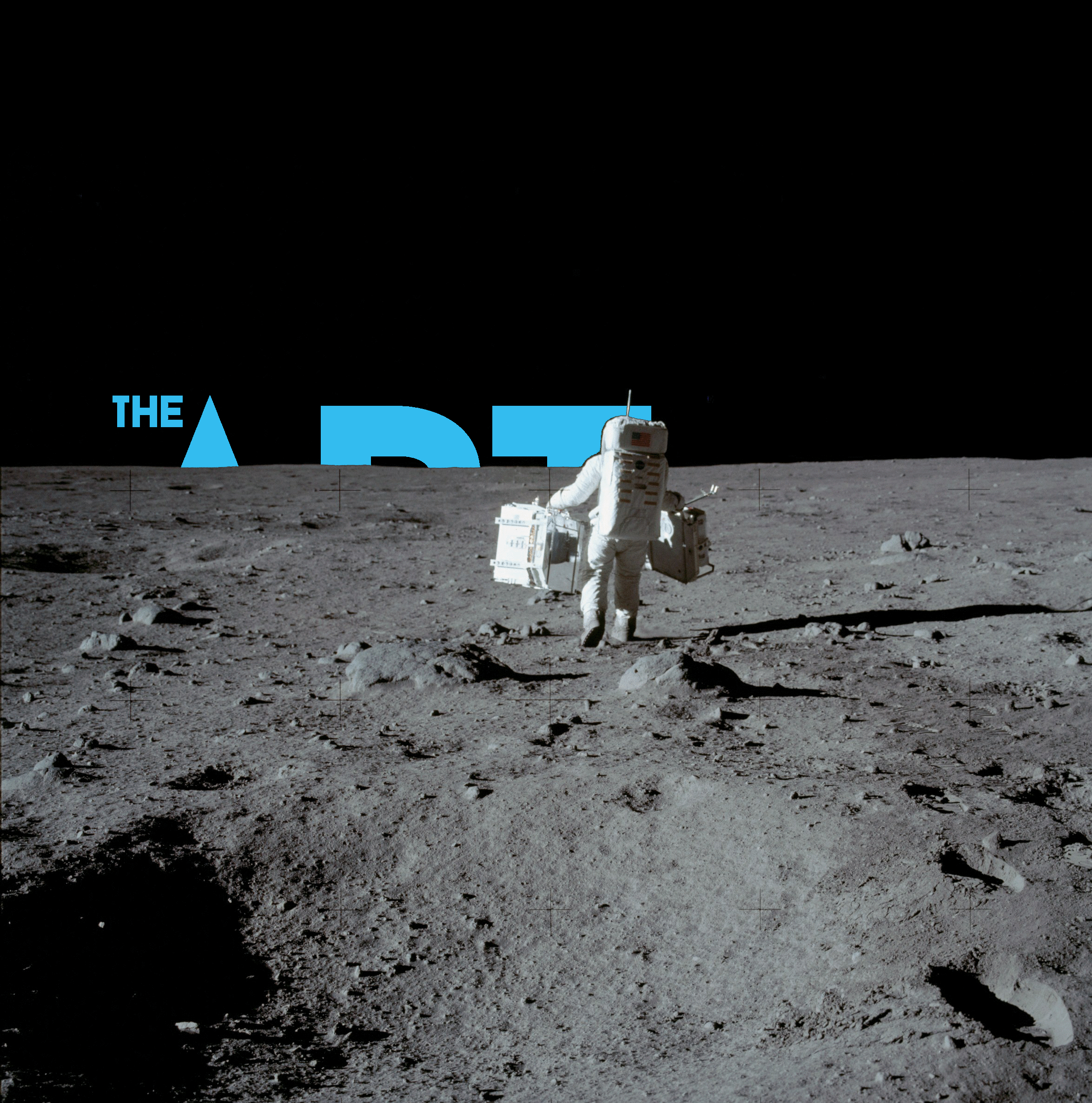 Moving gif of an Apollo astronaut walking toward the lunar horizon, with the Art of Planetary Science logo rising and sinking behind the horizon