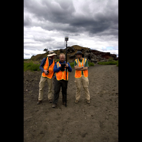 From left to right: Dr. Colin Dundas, Ethan Schaefer, and Dr. Stephen Scheidt work together to initialize the GPS.
