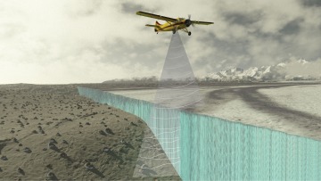 Airplane measuring ice thickness using radar