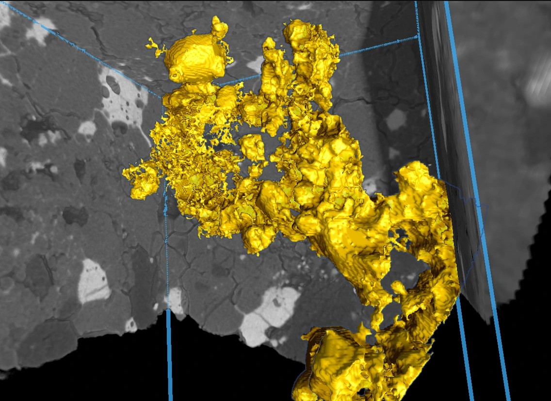 Molten sulfide network (colored gold) percolates between silicate mineral grains