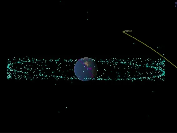 This image shows the distance between the Apophis asteroid and Earth at the time of the asteroid's closest approach. NASA/JPL-Caltech