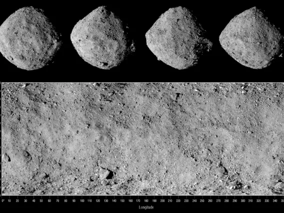 Image shows four views of asteroid Bennu along with a corresponding global mosaic. Images were taken on Dec. 2, 2018, by the OSIRIS-REx spacecraft’s PolyCam camera, which is part of the OCAMS instrument suite designed by UArizona scientists and engineers.