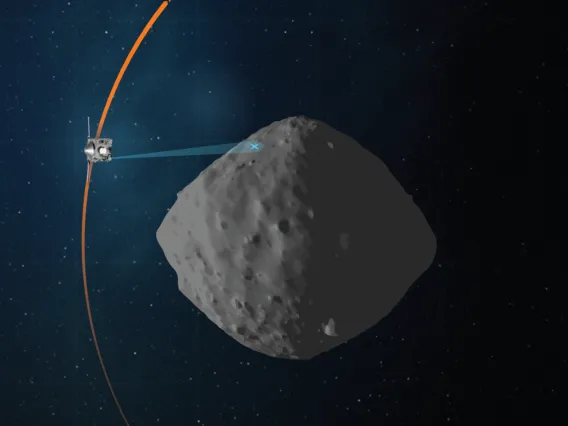 This artist's concept shows the planned flight path of NASA’s OSIRIS-REx spacecraft during its final flyby of asteroid Bennu, which is scheduled for April 7.NASA/Goddard/University of Arizona