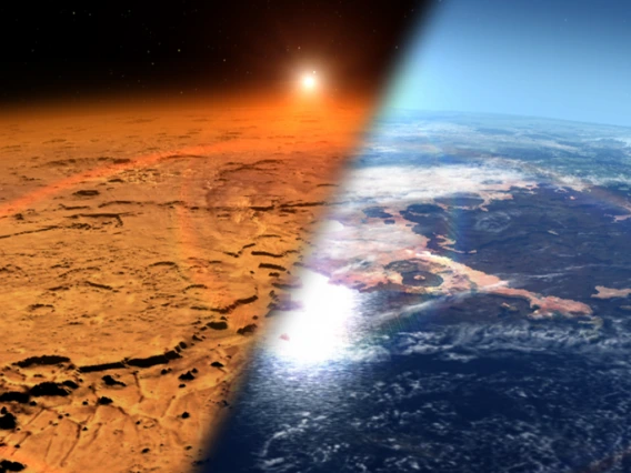 This artist's concept depicts the early Martian environment (right) – believed to contain liquid water and a thicker atmosphere – versus the cold, dry environment seen at Mars today (left).NASA's Goddard Space Flight Center