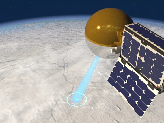 Artist's impression of CatSat with its antenna inflated in orbit around Earth.