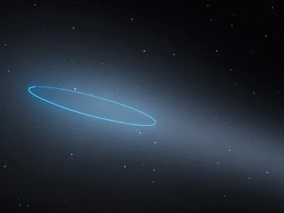 This artist’s impression shows the binary asteroid 288P, located in the main asteroid belt between the planets Mars and Jupiter. The object is unique as it is a binary asteroid that also behaves like a comet. The cometlike properties are the result of water sublimation, caused by the heat of the sun. The orbit of the asteroids is marked by a blue ellipse. (Image: ESA/Hubble, L. Calçada)