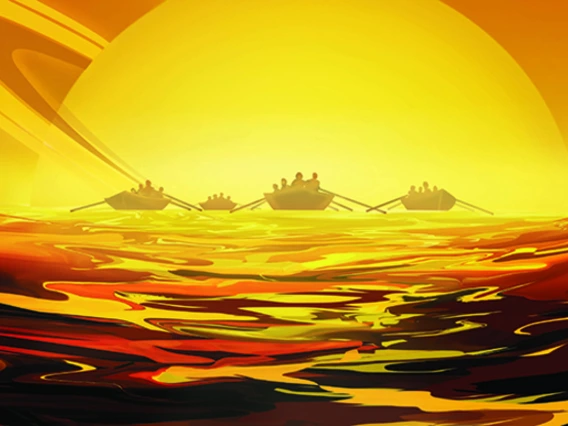 Future space tourists take in the view during a "Saturnset tour" on one of Titan's lakes of liquid methane (Image: NASA/JPL)