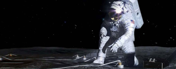 Artist rendition of astronaut placing seismometer on moon