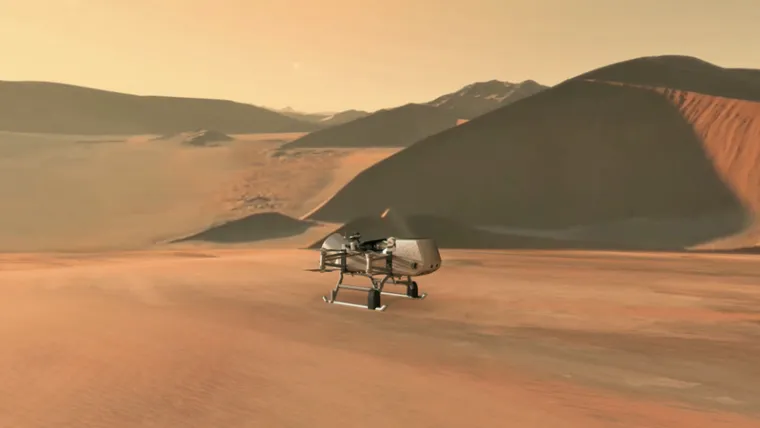 This illustration shows NASA's Dragonfly rotorcraft-lander approaching a site on Saturn's exotic moon, Titan.