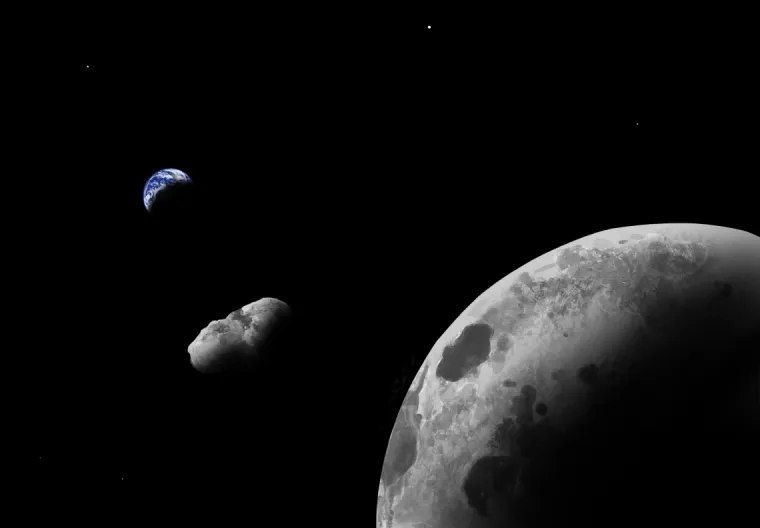 An artist's impression of Earth quasi-satellite Kamo`oalewa near the Earth-moon system. Using the Large Binocular Telescope, astronomers have shown that it might be a lost fragment of the moon.