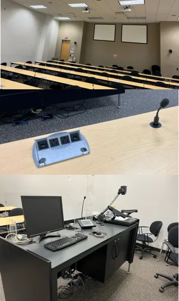 Images of room 116A including 42 seats with built in outlets and microphones. A smaller speaker desk is also provided. Whiteboards at the back of the room.