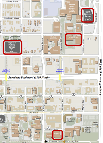 A map of campus with the buildings being used for the conference (Drachman and Kuiper) circled. The two closest parking garages are also circled.