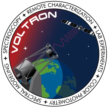 Picture of VOLTRON logo - a telescope over a globe viewing light waves from a satellite in space.